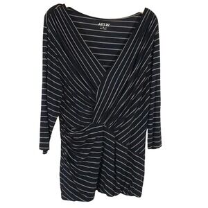Apt 9 Womens XL Black White Striped Surplice V-Neck Ruched Faux Wrap Top 3/4 Slv